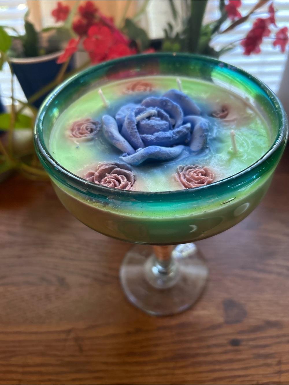 Handcrafted Floral Decorative Candle in Green with Blue Rose